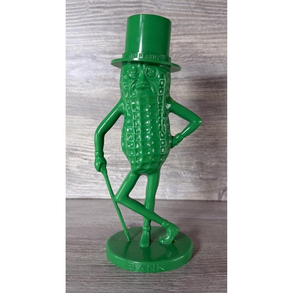 Vintage Mr. Peanut Advertising Green Plastic Coin Bank 1950's USA 8.5" Tall